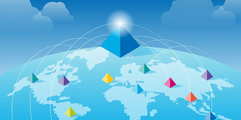 An illustration of a blue prism connected to other prisms around the globe.