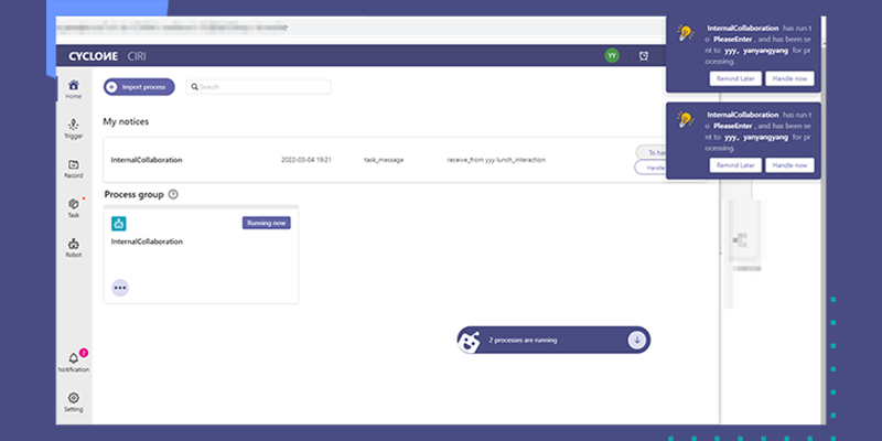 A screenshot of cyclone robotics' robotic process automation software, "intelligent assistant."