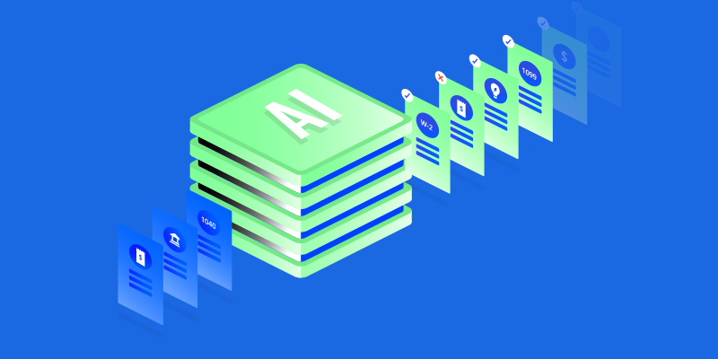 An illustration of files passing through a cube labeled "AI."