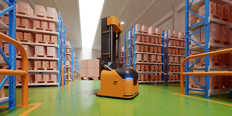 A self-driving forklift carrying boxes.