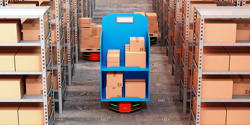 Inventory robots carrying and tracking products.