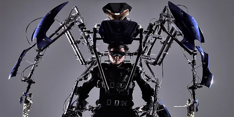 The Skeletonics exoskeleton towering over its wearer's shoulders.