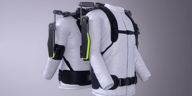 A 3D rendering of a persons torso wearing the VEX exoskeleton around its arms, waist and back.