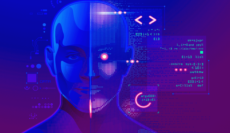 A robot's head surrounded by robotic programing languages during it programming.