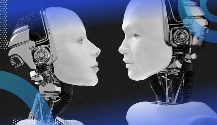 male and female robots looking at each other